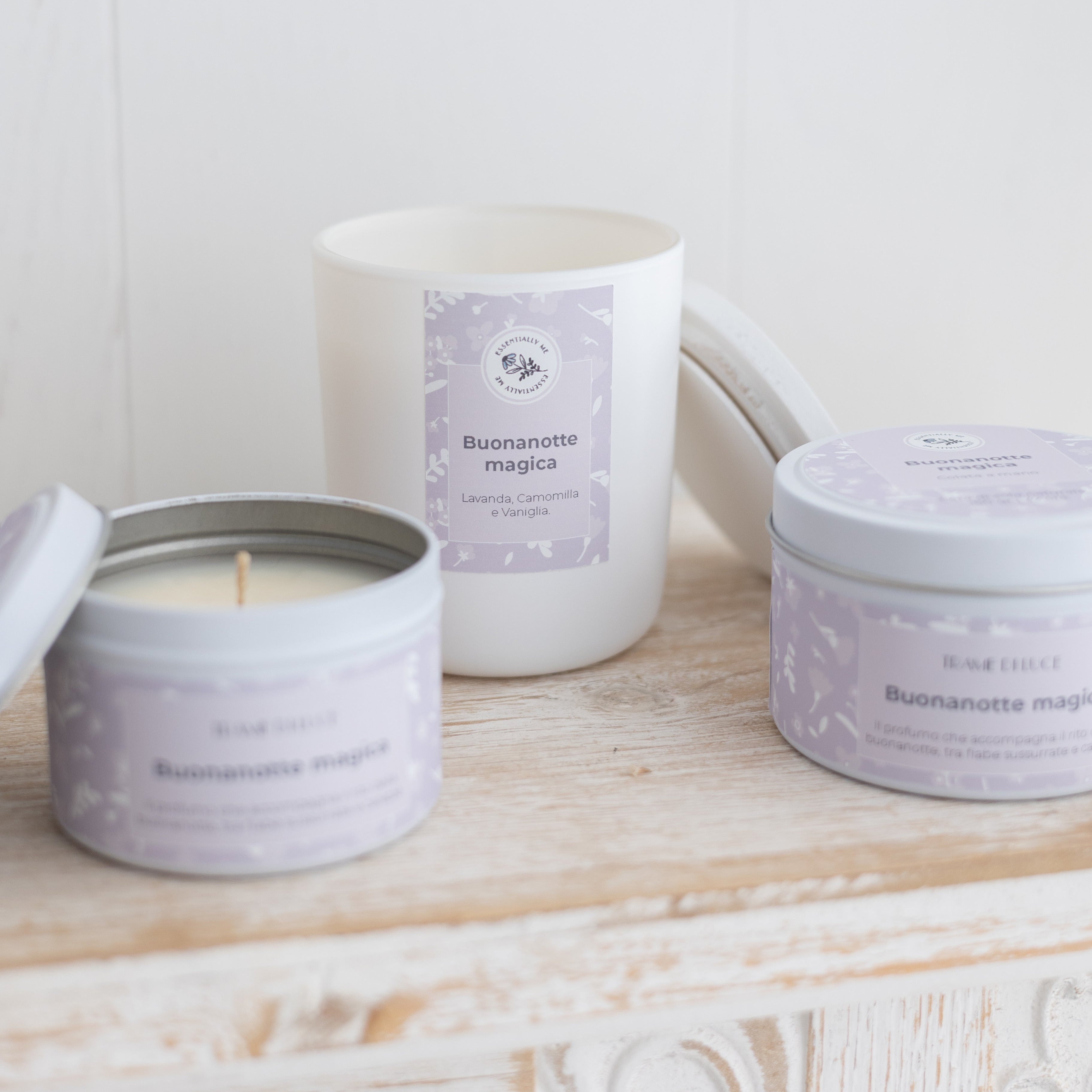 Collezione candele in cera di soia buoanotte magica alla lavanda camomilla e vaniglia