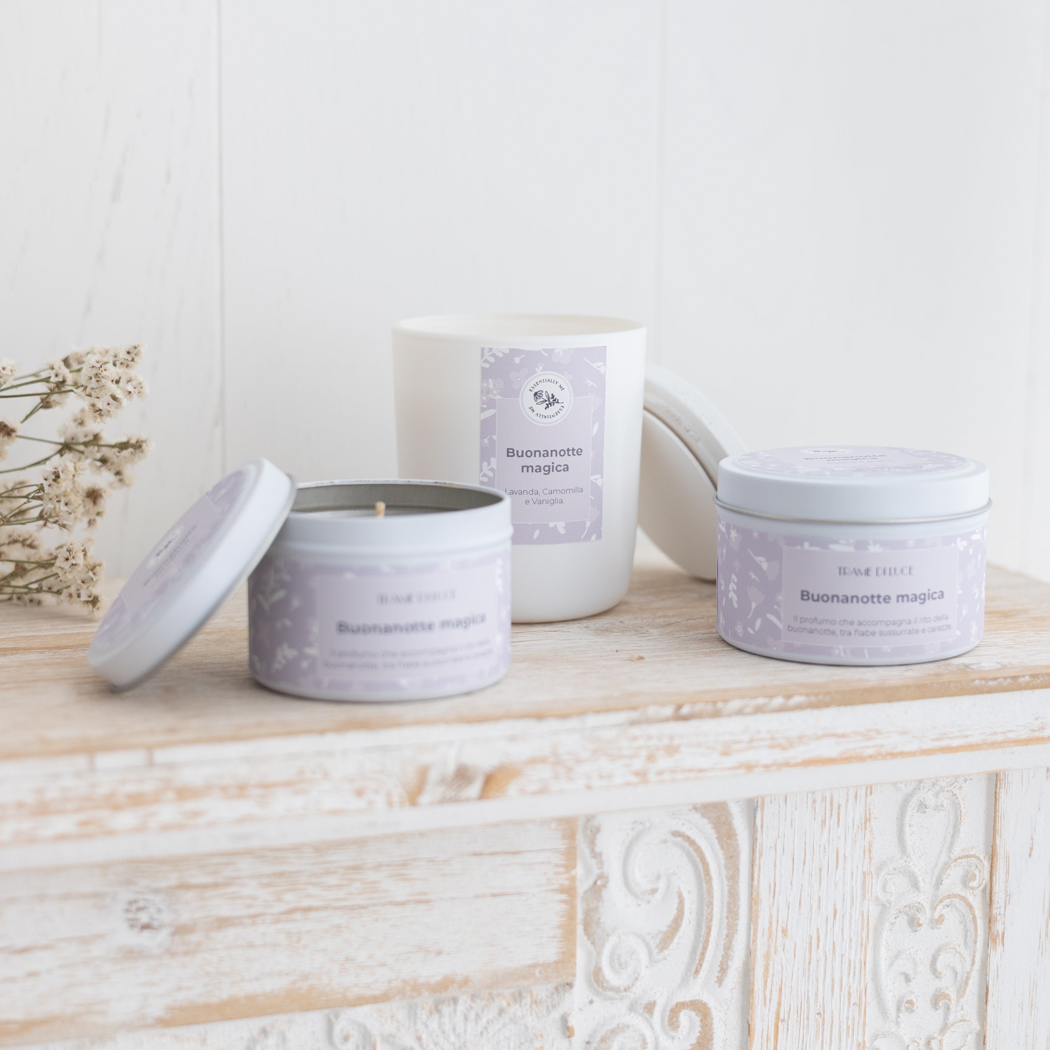 Collezione candele in cera di soia buoanotte magica alla lavanda camomilla e vaniglia