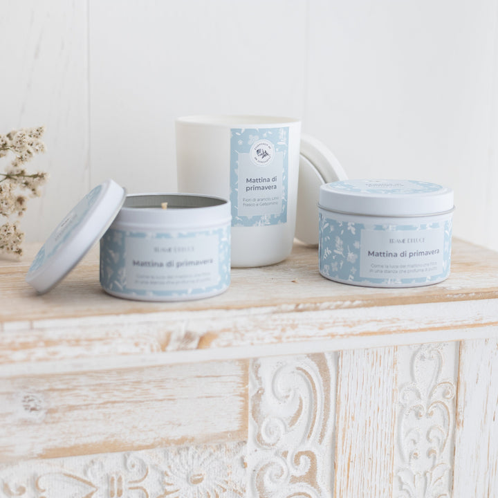 Collezione candele in cera di soia mattina di primavera al profumo di fiori di arancio lino fresco e gelsomino