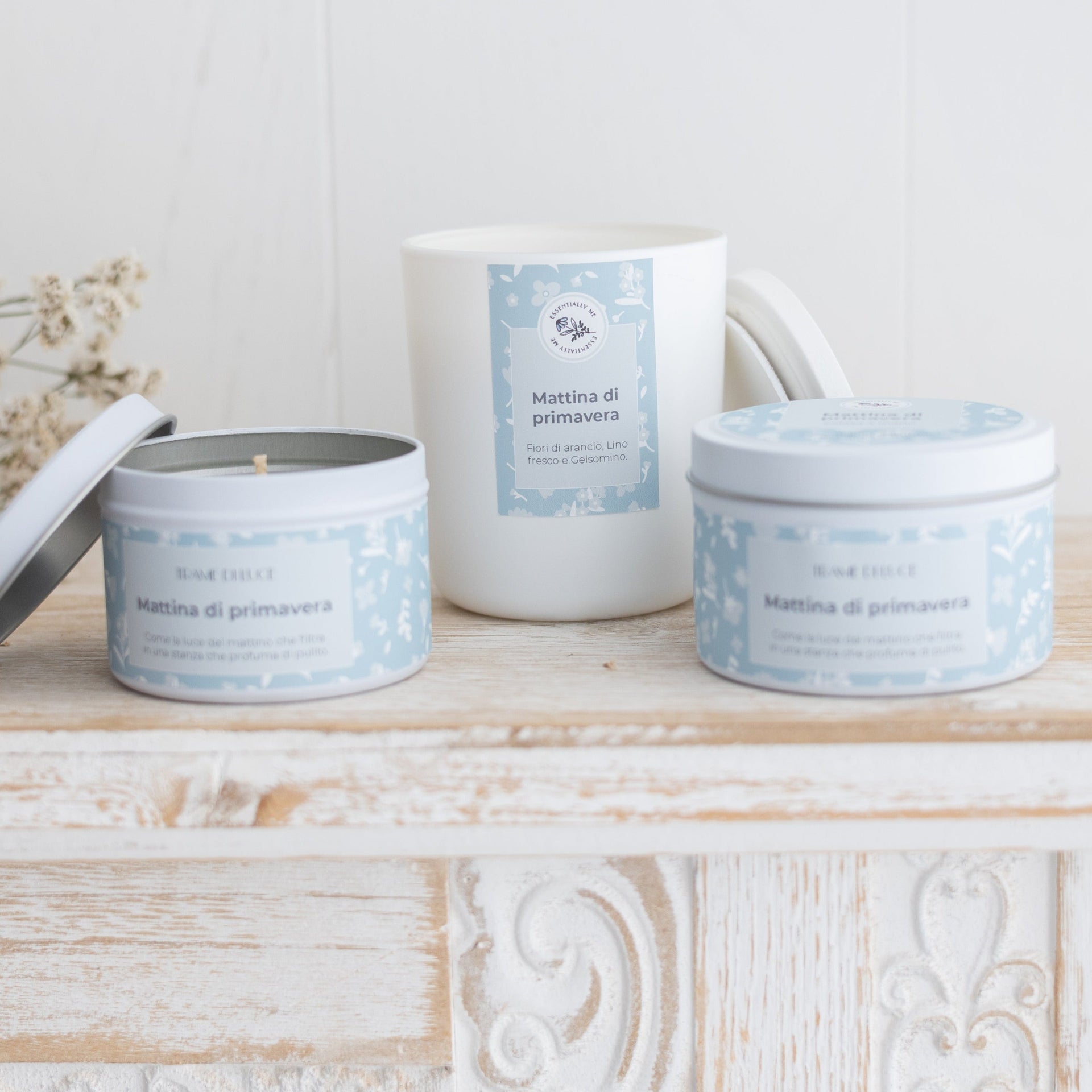 Collezione candele in cera di soia mattina di primavera al profumo di fiori di arancio lino fresco e gelsomino