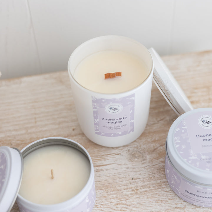 Collezione candele in cera di soia buoanotte magica alla lavanda camomilla e vaniglia